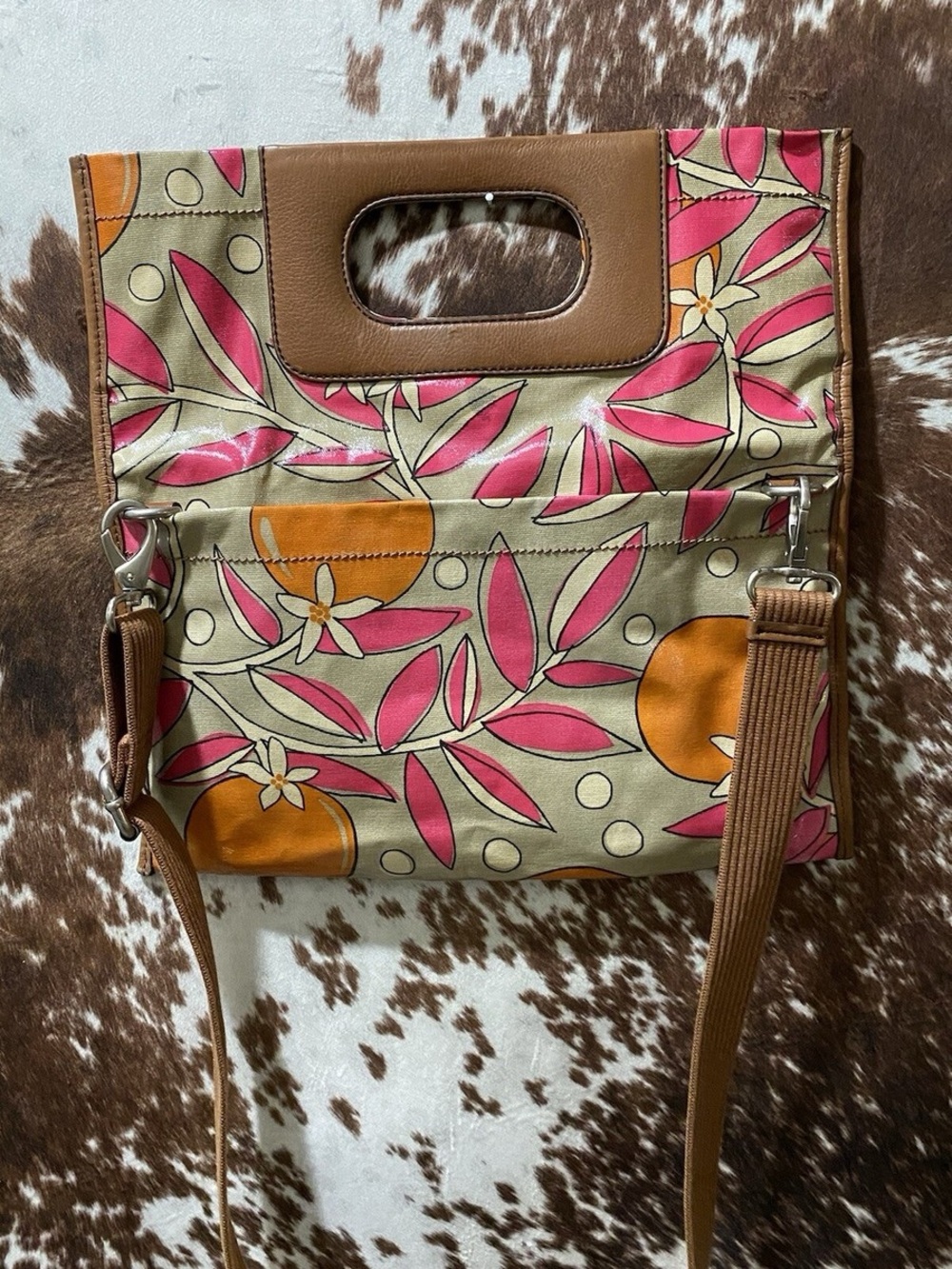Fossil Key-Per Floral Crossbody Bag in Pink, Orange and Brown